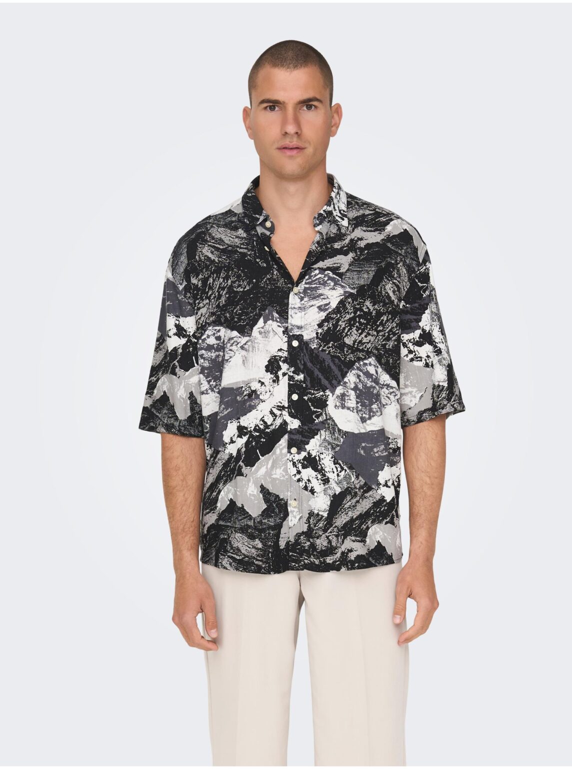Black men's patterned shirt with linen blend ONLY & SONS Bud - Men's