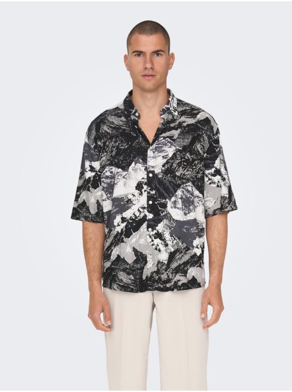 Black men's patterned shirt with linen blend ONLY & SONS Bud - Men's