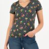 Black patterned women's T-shirt Blutsgeschwister Grid of Flowers - Women's