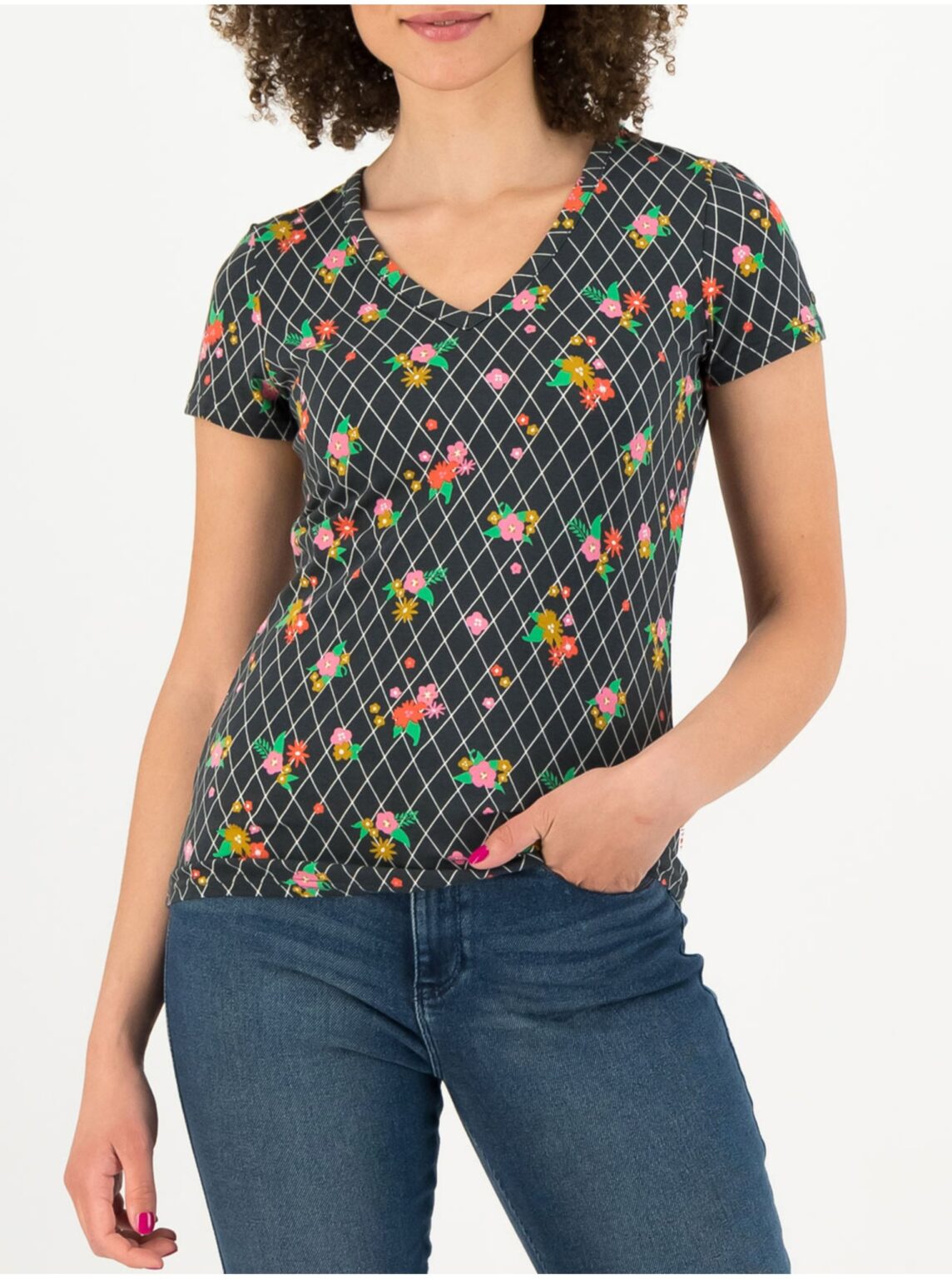 Black patterned women's T-shirt Blutsgeschwister Grid of Flowers - Women's