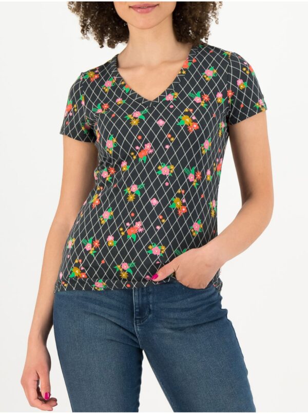 Black patterned women's T-shirt Blutsgeschwister Grid of Flowers - Women's