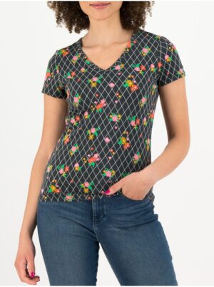 Black patterned women's T-shirt Blutsgeschwister Grid of Flowers - Women's