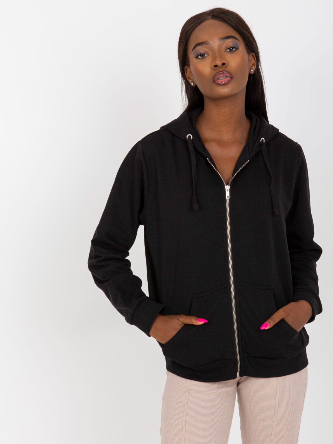 Black zip-up hoodie with pockets