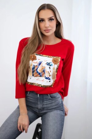 Blouse with 3D graphics and decorative pom pom red