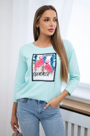 Blouse with 3D mint flamingo graphics