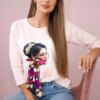 Blouse with graphics and colorful bow 3D powder pink