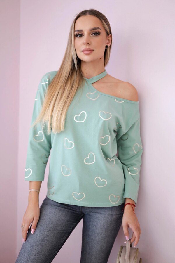 Blouse with heart print dark mint