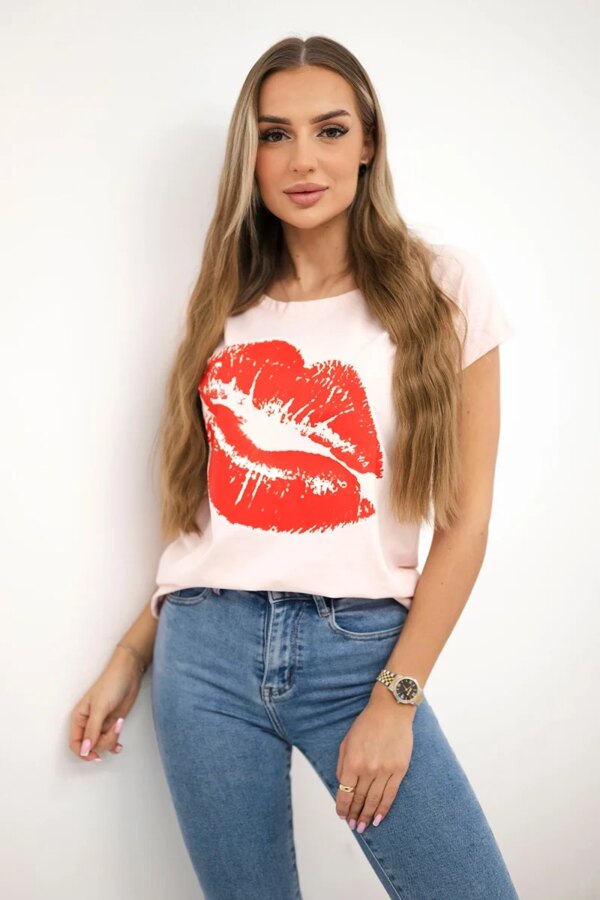 Blouse with lip print powder pink