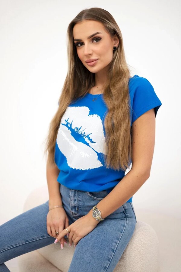 Blouse with lip print purple-blue
