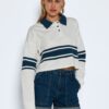 Blue and White Cropped T-Shirt with Collar Noisy May Abi - Women