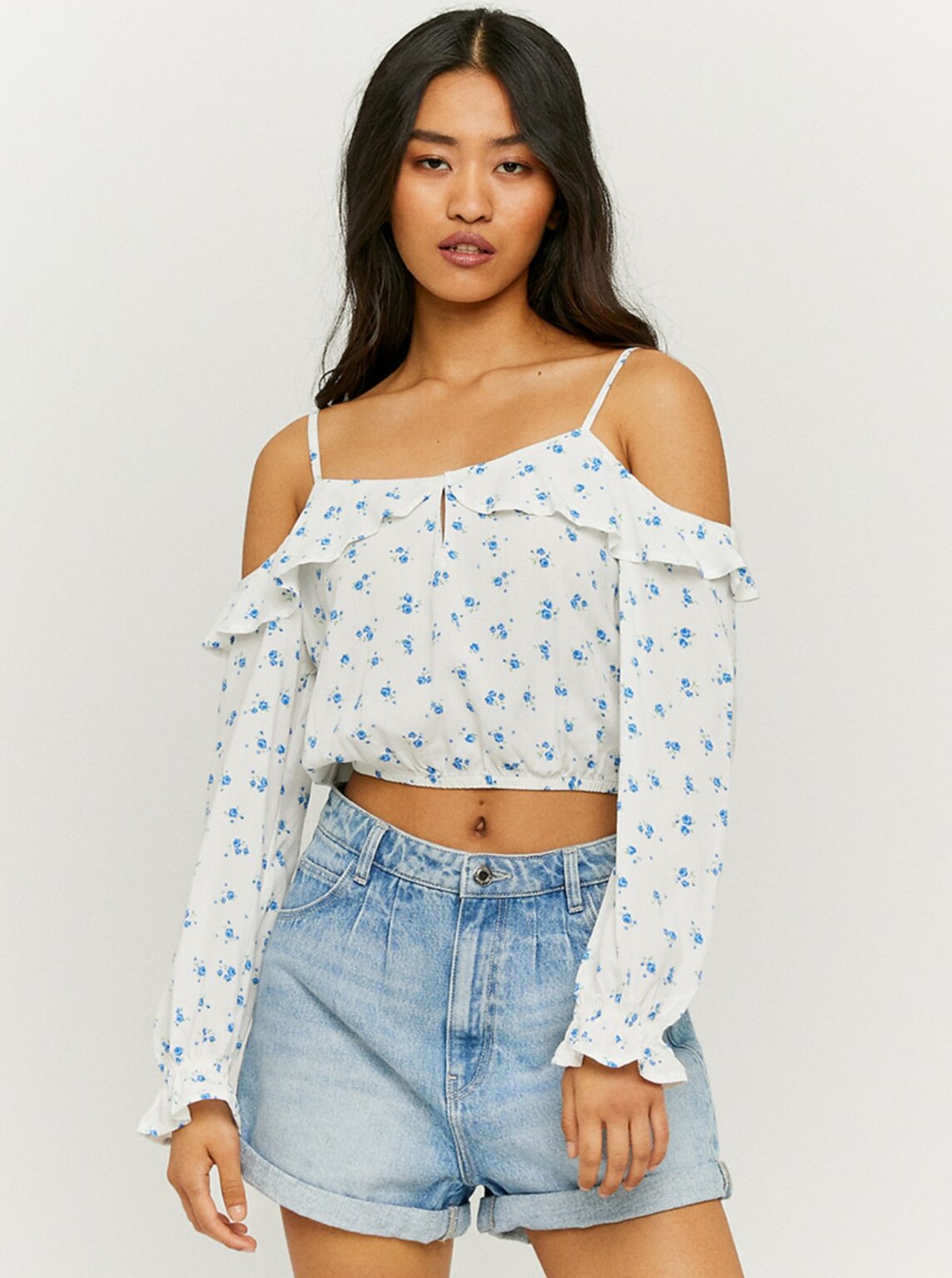 Blue and white floral short blouse with ruffles TALLY WEiJL - Ladies