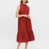 Brown Patterned Midi Dress with Stand-Up Collar Pieces Lupin - Women
