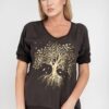 Brown blouse with a print with an admixture of linen