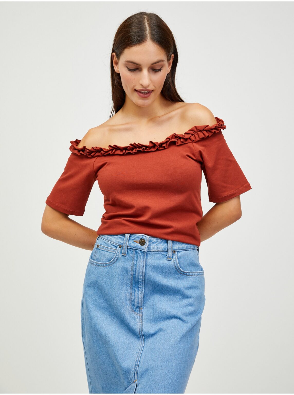 Brown crop top with open shoulders Pieces Leah - Women's