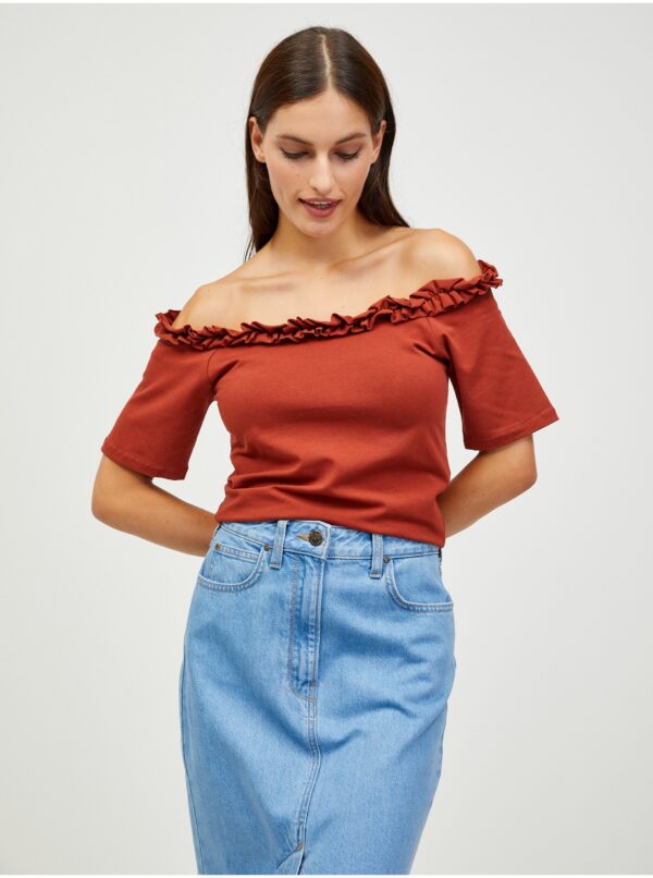 Brown crop top with open shoulders Pieces Leah - Women's