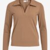 Brown ribbed T-shirt with collar VILA Nobella - Women