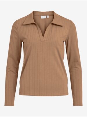 Brown ribbed T-shirt with collar VILA Nobella - Women