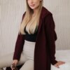 Burgundy-colored hooded cardigan sweater