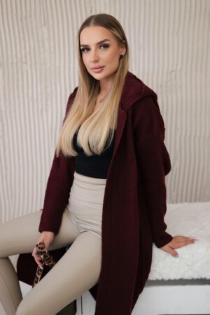 Burgundy-colored hooded cardigan sweater