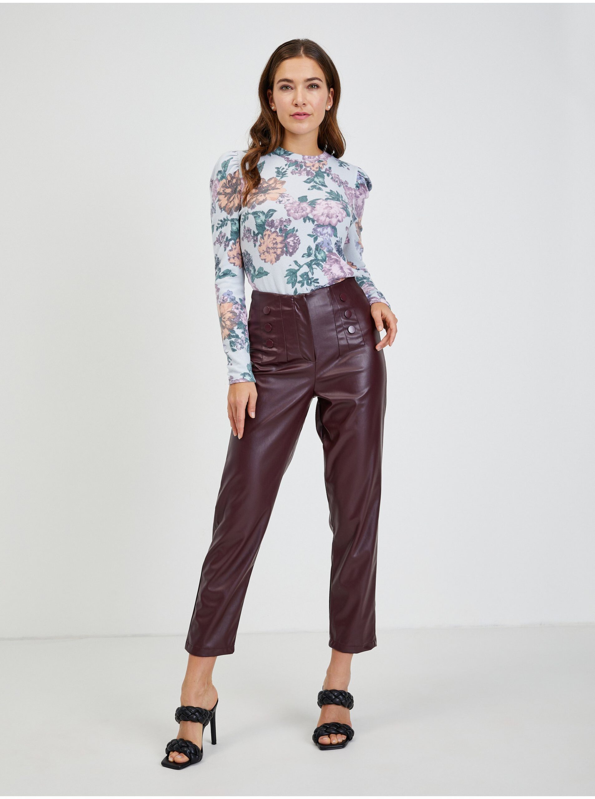 Burgundy women's faux leather trousers ORSAY