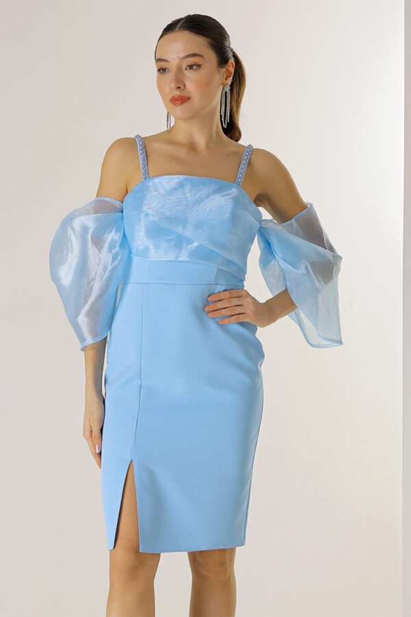 By Saygı Bead Detail Strap Organza Low Sleeve Lined Crepe Dress