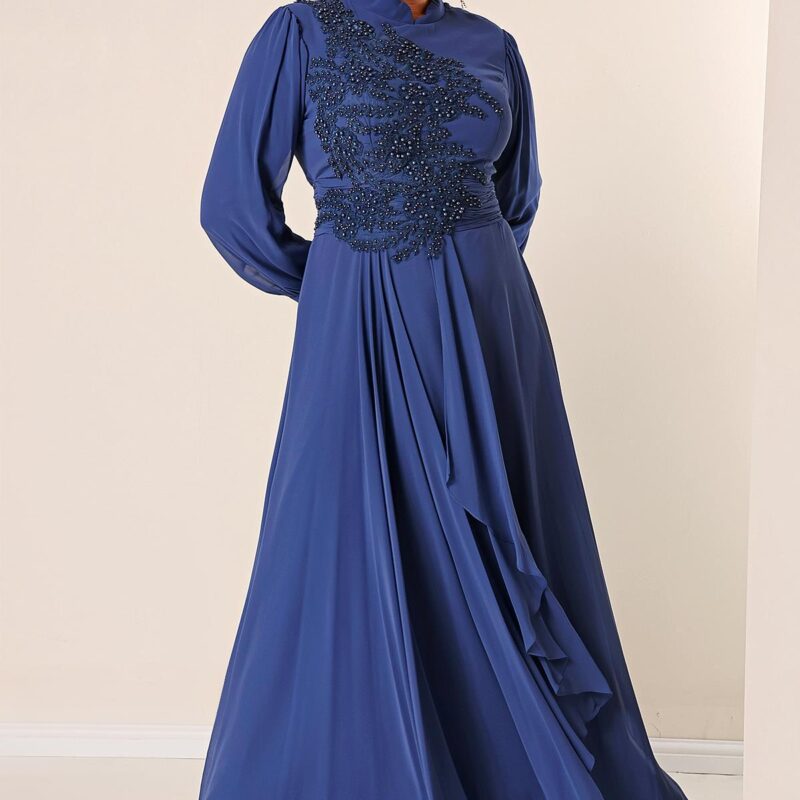 By Saygı Bead Embroidered Lined Flounce Front Plus Size Long Chiffon Dress