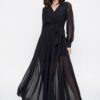 By Saygı Double Breasted Collar Long Sleeves Lined Chiffon Long Dress Black