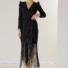 By Saygı Double Breasted Collar Padded Shoulders Waist Belt Lined Tasseled Crepe Dress