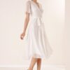 By Saygı Double Breasted Collar Waist Belted Lined Silvery Tulle Dress In Ecru.