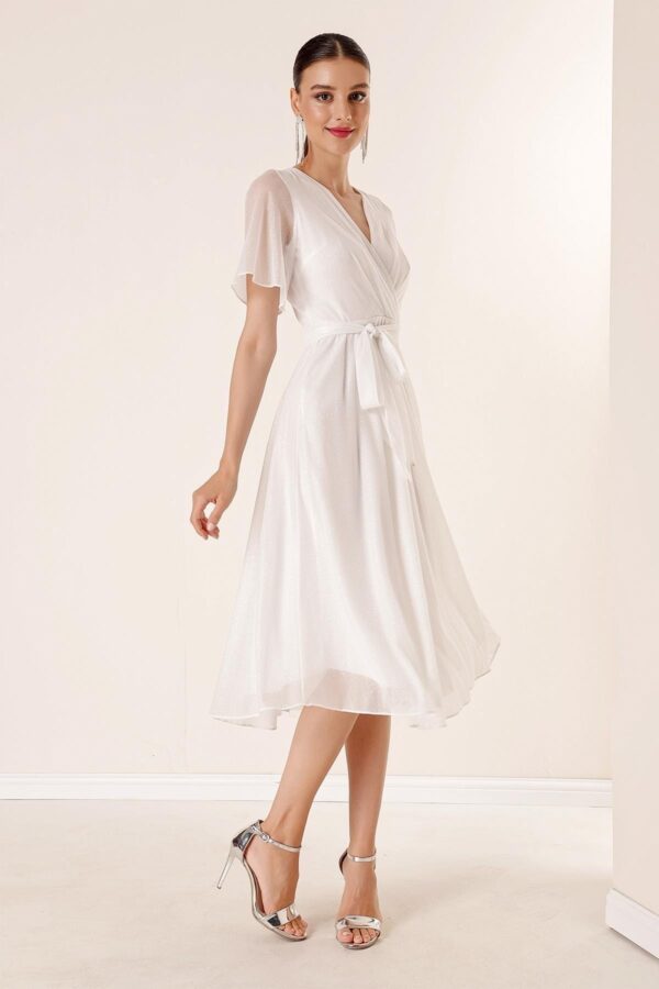 By Saygı Double Breasted Collar Waist Belted Lined Silvery Tulle Dress In Ecru.