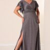 By Saygı Double Breasted Neck Front Draped Lined Plus Size Long Silvery Dress with Flounce Slit on the Sleeves