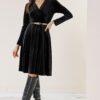 By Saygı Double Breasted Neck Lined Waist Belt Velvet Dress