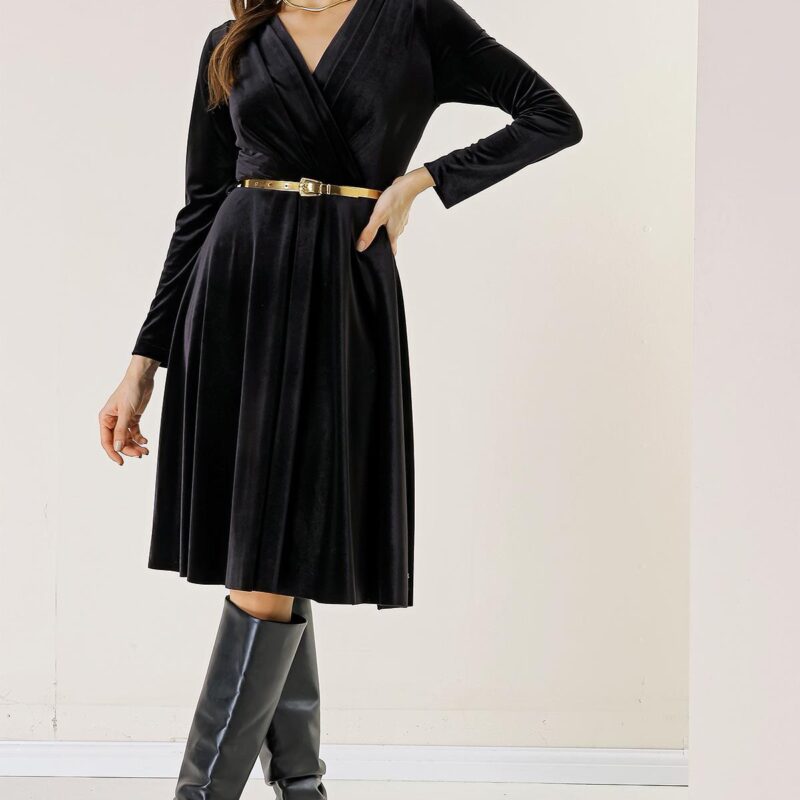 By Saygı Double Breasted Neck Lined Waist Belt Velvet Dress