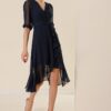 By Saygı Double Breasted Neck Skirt Flounce Waist Belted Lined Balloon Sleeve Wide Body Interval Chiffon Dress