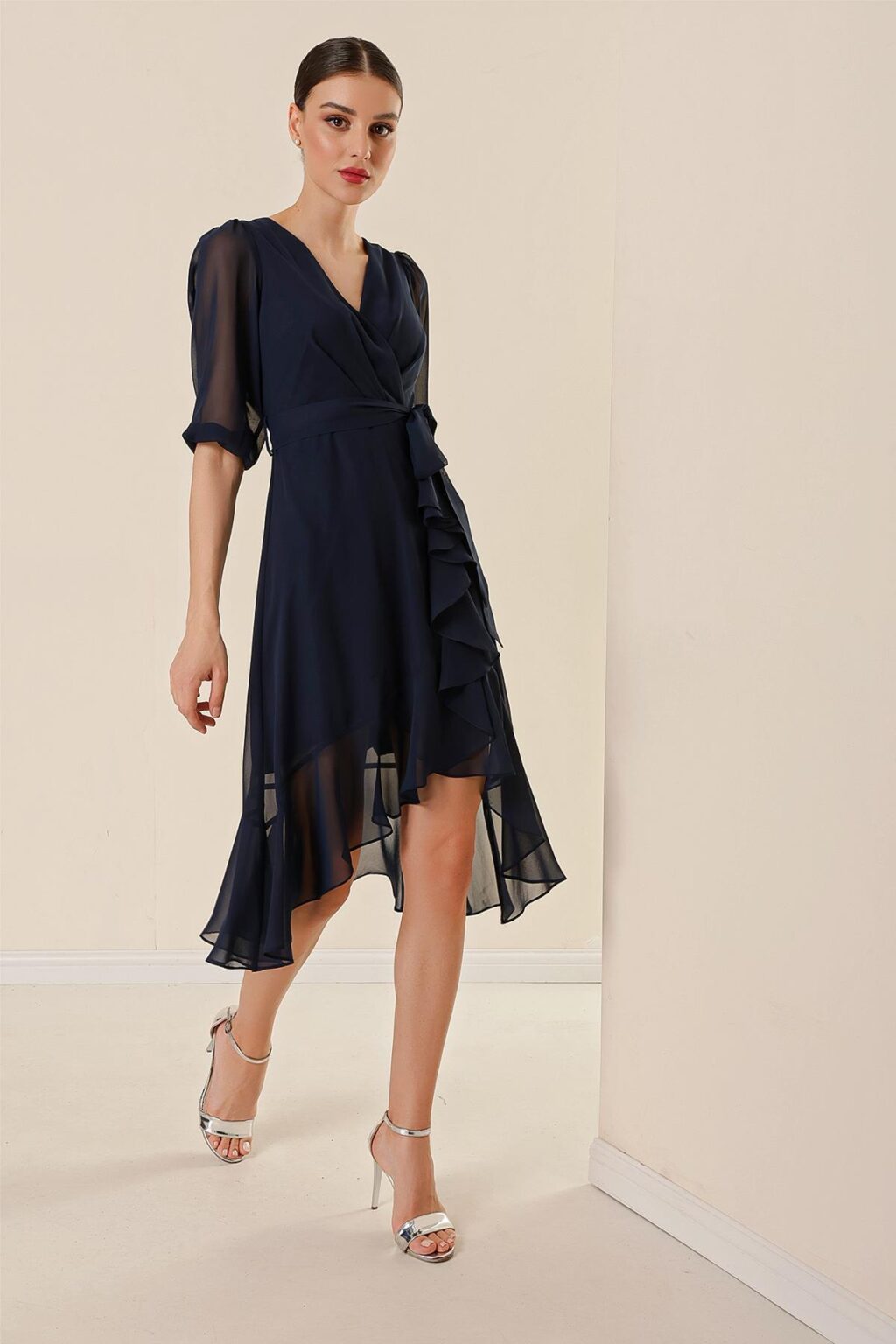 By Saygı Double Breasted Neck Skirt Flounce Waist Belted Lined Balloon Sleeve Wide Body Interval Chiffon Dress
