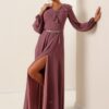 By Saygı Flounce Front Balloon Sleeve Belted Chiffon Long Dress