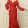 By Saygı Front Back V-Neck Glittery Flock Print Plus Size Long Dress