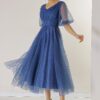 By Saygı Front Back V Neck Short Balloon Sleeve Lined Bud Pattern Silvery Dahya Fabric Dress