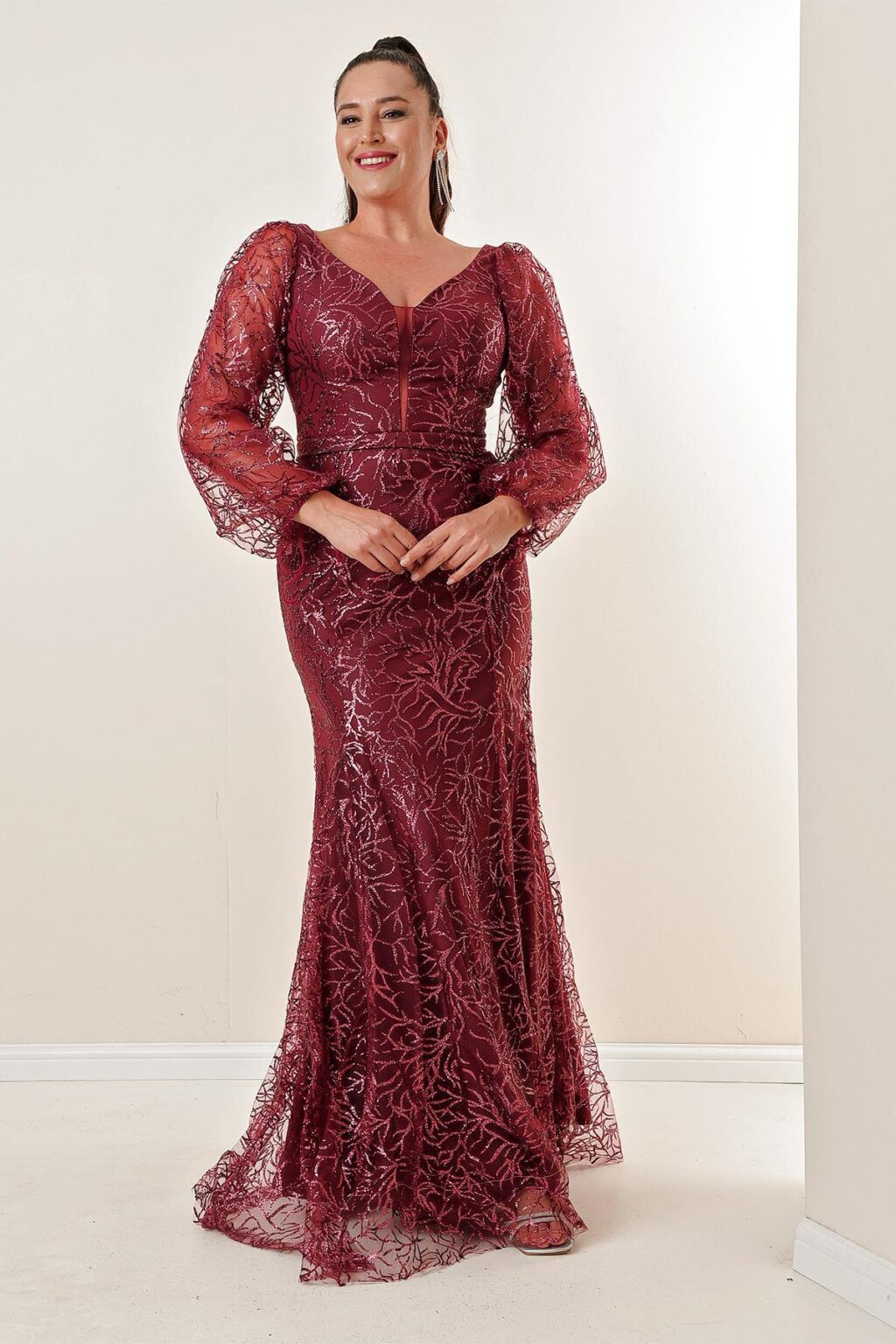 By Saygı Front Back V Neck Silvery Flock Print Plus Size hosszú ruha