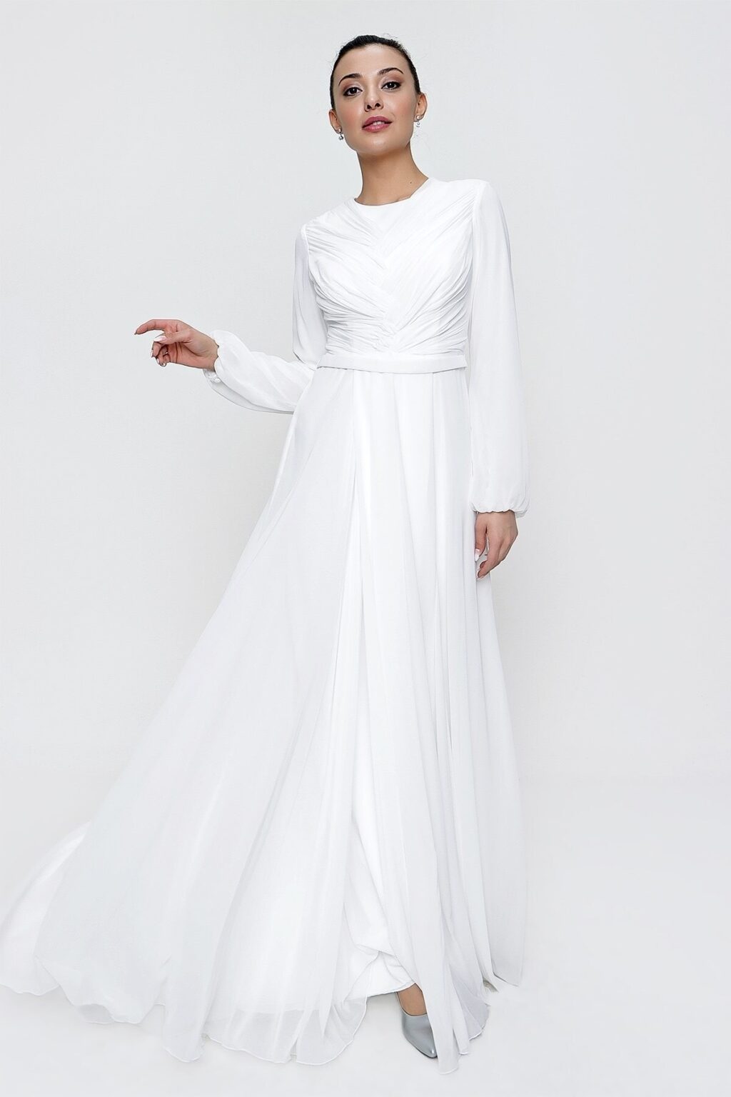 By Saygı Lined Long Chiffon Dress Ecru with Gathered Waist Belt