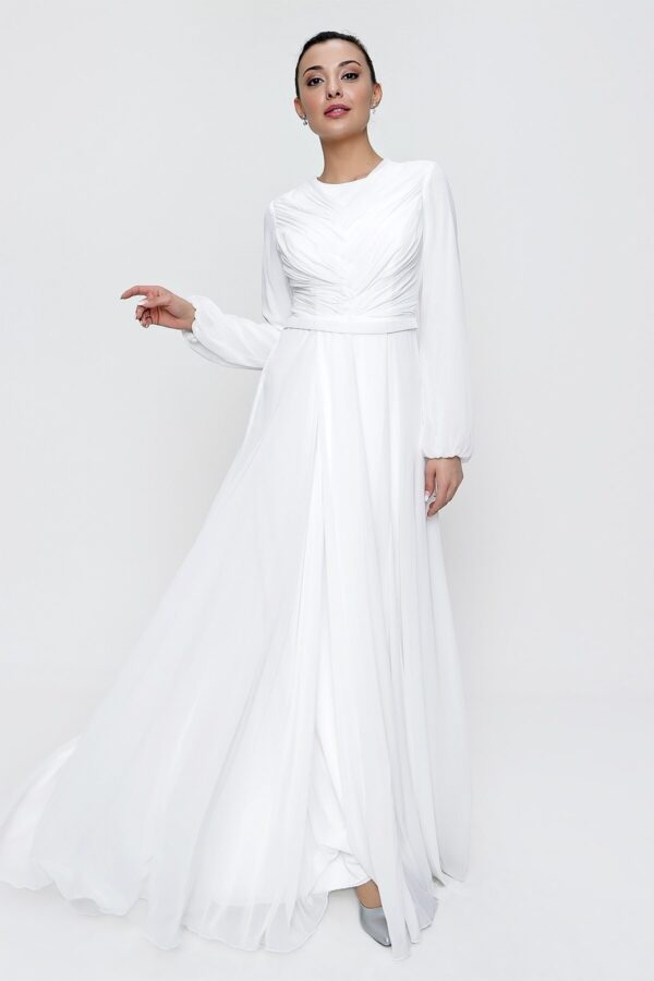 By Saygı Lined Long Chiffon Dress Ecru with Gathered Waist Belt