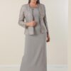 By Saygı Long Crepe Dress with Stones and Lined Collar