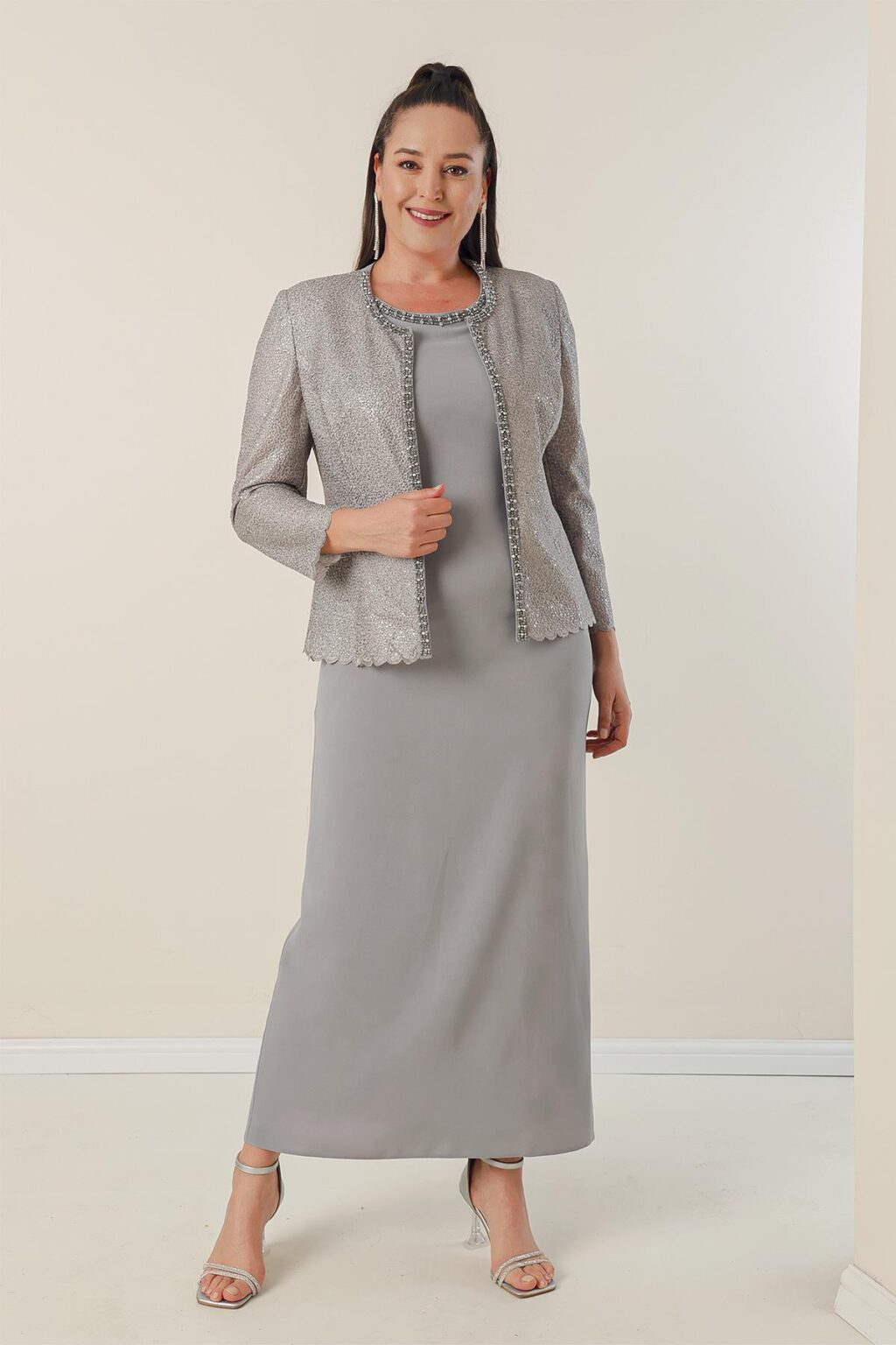 By Saygı Long Crepe Dress with Stones and Lined Collar