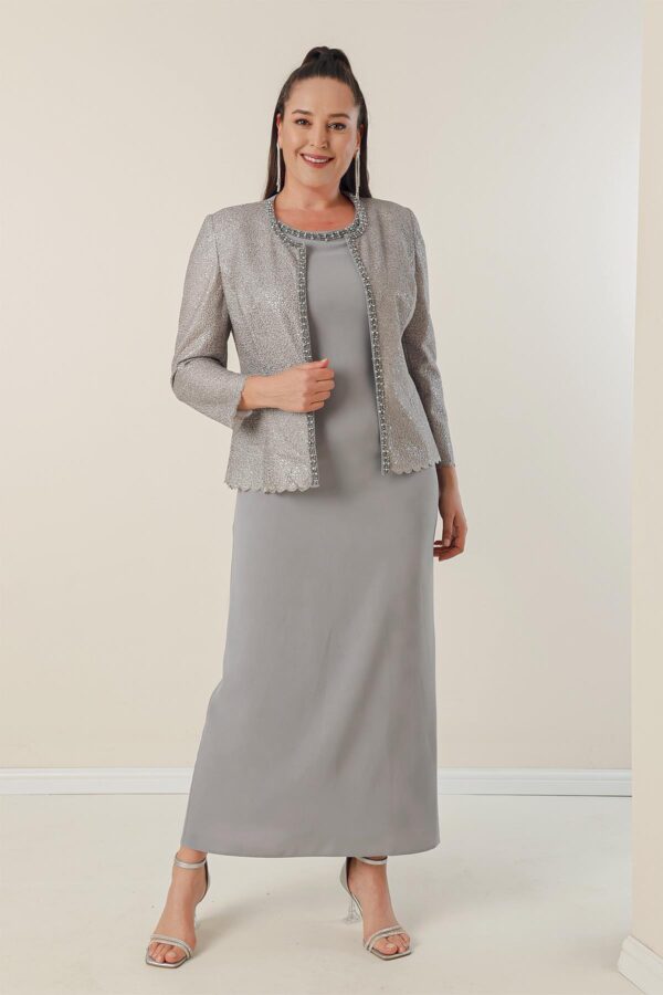 By Saygı Long Crepe Dress with Stones and Lined Collar