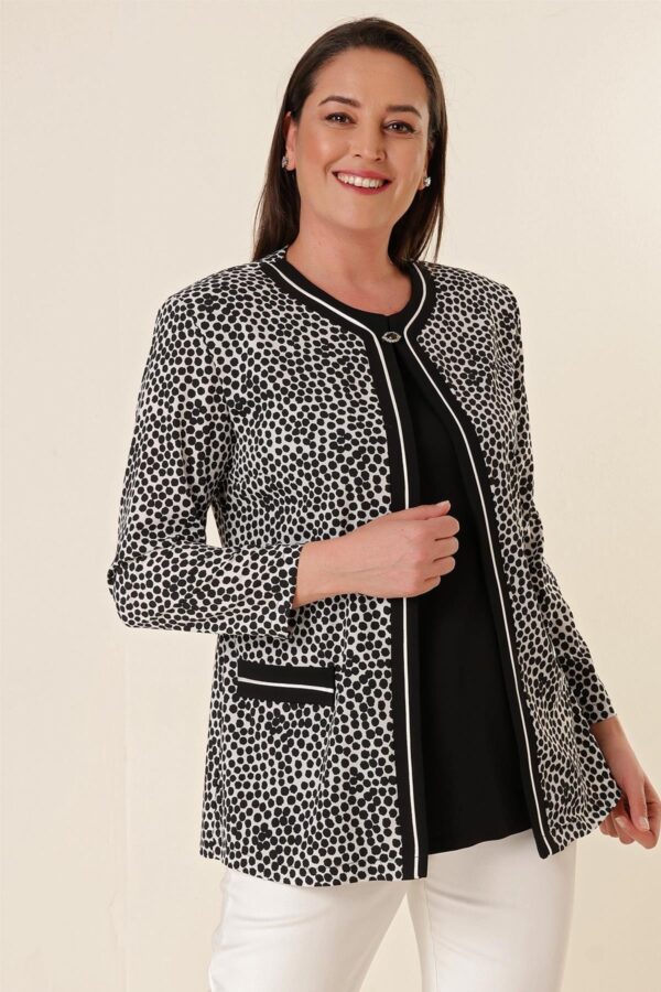 By Saygı Lycra Athletic Polka Dot Plus Size Crepe Satin Jacket with Fake Pocket. Black