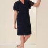 By Saygı Navy Blue dupla mellű galléros ujjú sifon bélelt plus size ezüstös ceruza ruha