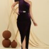 By Saygı One-Shoulder Draped Long Velvet Dress with Waist Belt