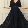 By Saygı Plus Size Long Chiffon Dress With A V-Neck Front Beaded Waist Draped and Lined Front Back