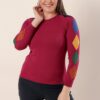 By Saygı Sleeve gyémánt minta Első Rövid Vissza Hosszú Plus Size Akril pulóver Fukszia