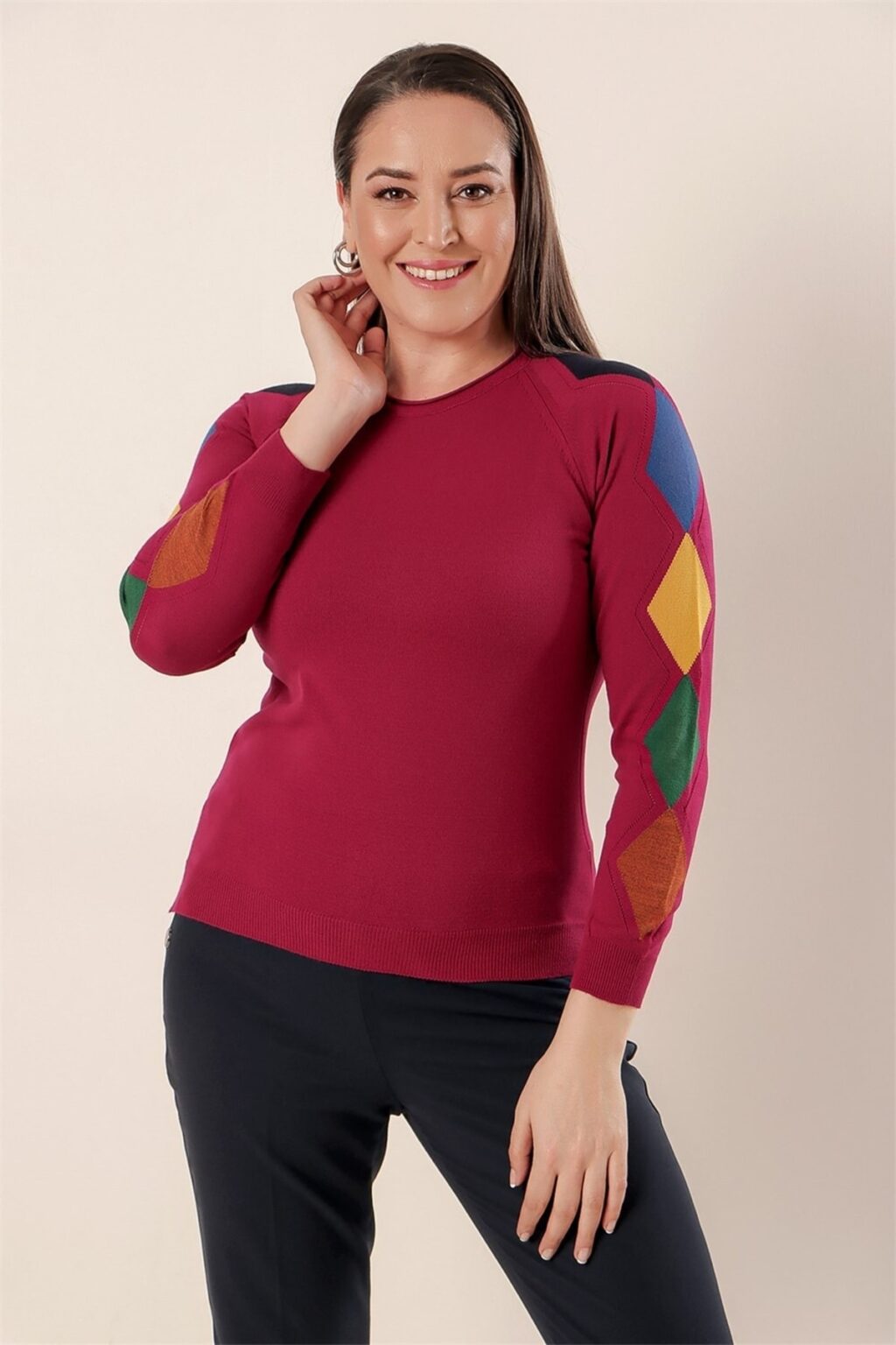By Saygı Sleeve gyémánt minta Első Rövid Vissza Hosszú Plus Size Akril pulóver Fukszia